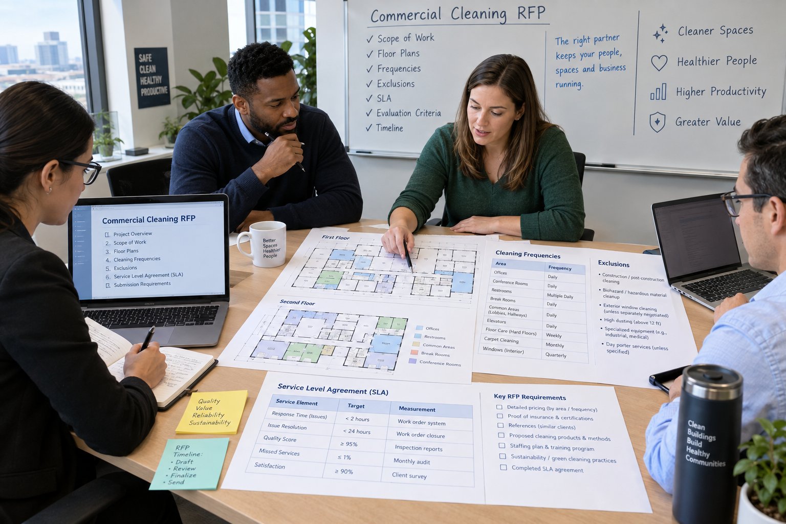 Commercial Cleaning RFP Scope: Rooms, Frequencies, SLAs, and Exclusions