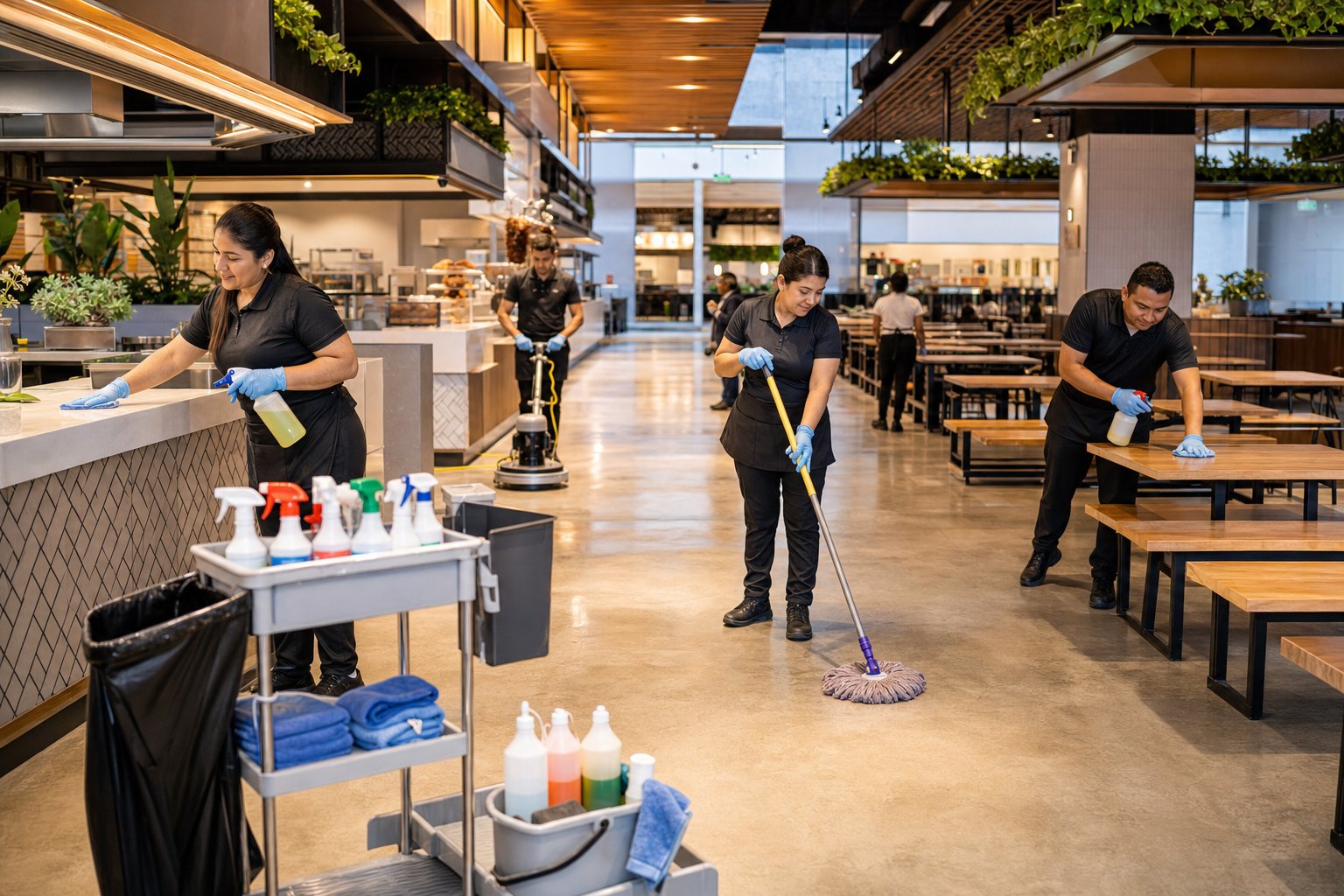Food Hall Cleaning Plans: Coordinating Shared Seating, Waste, and Vendor Areas